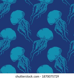 Hand drawn jellyfish vector seamless pattern. Medusa with long tentacles silhouette dark blue background illustration. Sea nature, underwater life animal.