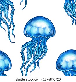 Hand drawn jellyfish vector seamless pattern. Blue medusa with long tentacles background illustration over white. Sea nature, underwater life animal.