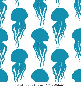 Hand drawn jellyfish vector seamless pattern. Medusa with long tentacles background illustration in blue over white. Sea nature, underwater life animal.