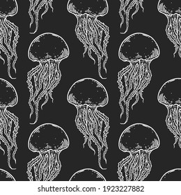 Hand drawn jellyfish vector seamless pattern. Medusa with long tentacles background illustration. Sea nature, underwater life animal in black and white.