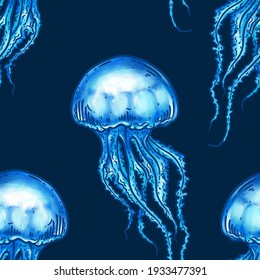 Hand drawn jellyfish vector seamless pattern. Medusa with long tentacles dark blue background illustration. Sea nature, underwater life animal.