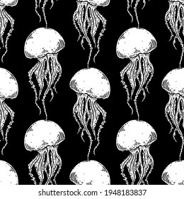 Hand drawn jellyfish vector seamless pattern. Medusa with long tentacles background illustration. Sea nature, underwater life animal in black and white.