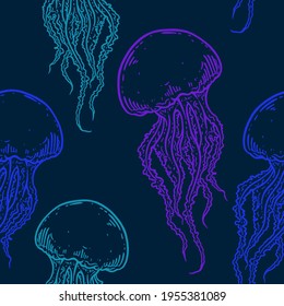 Hand drawn jellyfish vector seamless pattern. Colorful medusa with long tentacles dark background illustration. Sea nature, underwater life animal.