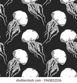 Hand drawn jellyfish vector seamless pattern. Medusa with long tentacles background illustration. Sea nature, underwater life animal in black and white.