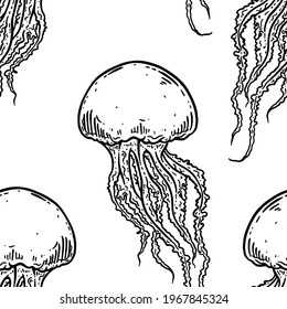 Hand drawn jellyfish vector seamless pattern. Medusa with long tentacles background illustration. Sea nature, underwater life animal in black and white.