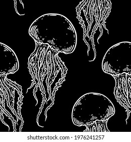 Hand drawn jellyfish vector seamless pattern. Medusa with long tentacles background illustration. Sea nature, underwater life animal in black and white.