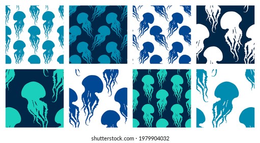 Hand drawn jellyfish vector seamless patterns set. Medusa with long tentacles background illustrations. Sea nature, underwater life animal.