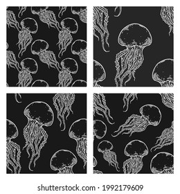 Hand drawn jellyfish vector seamless patterns set. Medusa with long tentacles background illustrations in black and white. Sea nature, underwater life animal.