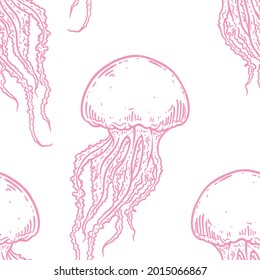 Hand drawn jellyfish vector seamless pattern. Medusa with long tentacles background illustration in pink over white. Sea nature, underwater life animal.