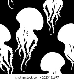 Hand drawn jellyfish vector seamless pattern. Medusa with long tentacles background illustration. Sea nature, underwater life animal in black and white.
