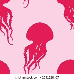 Hand drawn jellyfish vector seamless pattern. Pink medusa with long tentacles silhouette background illustration. Sea nature, underwater life animal.