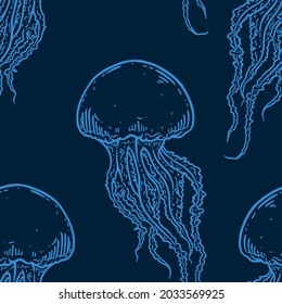 Hand drawn jellyfish vector seamless pattern. Medusa with long tentacles dark blue background illustration. Sea nature, underwater life animal.