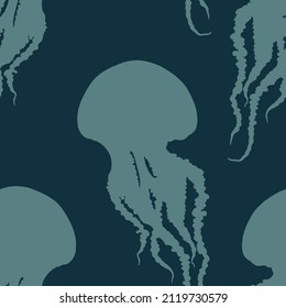 Hand drawn jellyfish vector seamless pattern. Medusa with long tentacles silhouette dark green background illustration. Sea nature, underwater life animal.