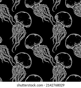 Hand drawn jellyfish vector seamless pattern. Medusa with long tentacles background illustration. Sea nature, underwater life animal in black and white.