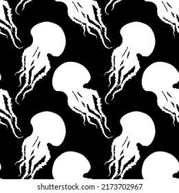 Hand drawn jellyfish vector seamless pattern. Medusa with long tentacles background illustration. Sea nature, underwater life animal in black and white.
