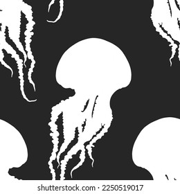Hand drawn jellyfish vector seamless pattern. Medusa with long tentacles background illustration. Sea nature, underwater life animal in black and white.