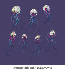 Hand drawn jellyfish vector set. Ocean medusa abstract illustration. Sea jelly background in modern style.