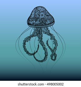 Hand drawn jellyfish zentangle style for coloring book, shirt design or tattoo.