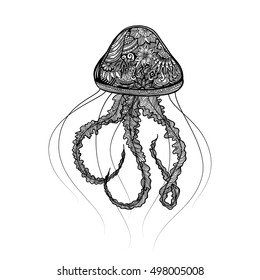 Hand drawn jellyfish zentangle style for coloring book, shirt design or tattoo.