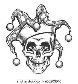 Hand drawn jester skull in fools cap. Vector illustration in engraving tattoo style.