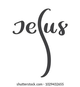 Hand drawn Jesus lettering text text cross form white background. Calligraphy lettering Vector illustration