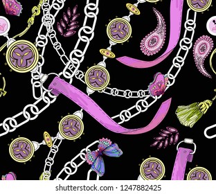 Hand drawn jewelry, chains, butterflies, paisley on a dark background, seamless vector pattern