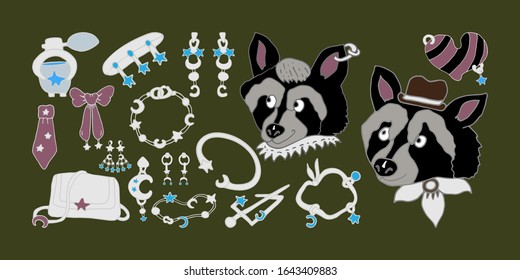 Hand drawn Jewelry Collection. Mr and Mrs Raccoons. Fashion, sapphires, white gold, silver, bracelets, earrings, pendants, pins. Vector set of isolated on background illustrations for jewelry design. 