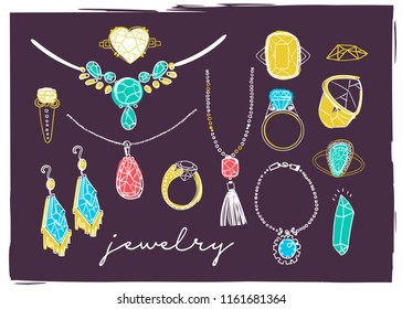 Hand drawn jewelry. Colored vector set. Dark background. All elements are isolated