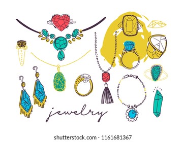 Hand drawn jewelry. Colored vector set. All elements are isolated