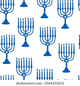 Hand drawn Jewish menorah seamless pattern in blue and white colors