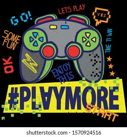 hand drawn joystick with slogan - play more. Creative kids original design 