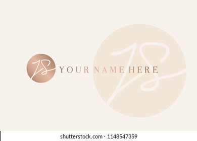 Hand drawn JS monogram logo.Script lettering sign.Circular shape vector icon in metallic rose gold color palette isolated on light background.