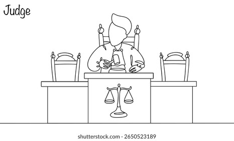 Hand drawn judge who hears and rules on civil, criminal and administrative cases in court. He ensures justice and compliance with the law. Vector illustration on the topic of legal professions.