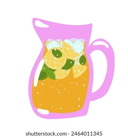 Hand drawn jug of fresh home made lemonade with lemon slice and mint. Vector illustration for restaurant or cafe menu.