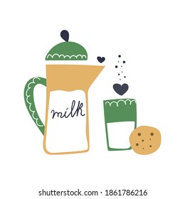 Hand drawn jug and glass with milk and cookies. Cute flat illustration. 