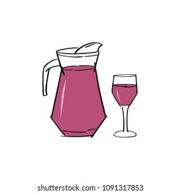  Hand drawn jug and glass of red drink.  Vector illustration of juice, wine or coctail.