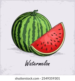 Handgezeichnete saftige grüne Bio-Wassermelone mit einer roten Scheibe und schwarzen Samen voller Vitamine