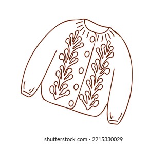 Saltador dibujado a mano o cardigan con bordado floral. Ilustración lineal vectorial plana en estilo doodle aislada en fondo blanco