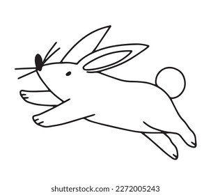 Hand drawn jumping contour line cute rabbit, childish design, isolated vector illustration