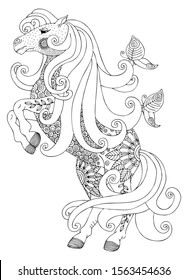 Hand drawn jumping horse. Sketch for anti-stress adult coloring book in zentangle style. Vector illustration for coloring page.