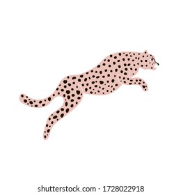 Hand drawn jumping leopard separated on white. Trendy Jungle print. Cartoon vector summer illustration