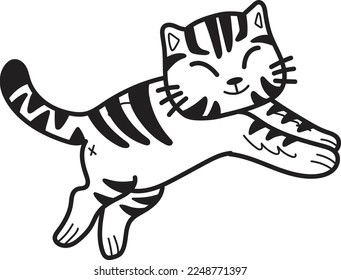 Hand Drawn jumping striped cat illustration in doodle style isolated on background