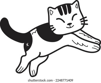 Hand Drawn jumping striped cat illustration in doodle style isolated on background