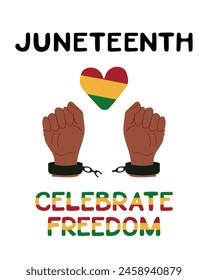 Hand drawn Juneteenth poster with hands in handcuffs and text Celebrate Freedom. Vector flat elements in traditional African colors isolated on white background. Placard or banner for social media