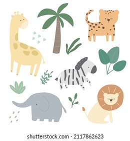 Hand drawn jungle animal collection. Jungle illustration. Giraffe, lion, elephant, Leopard, Zebra.