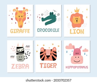 hand drawn jungle animals poster set. Posters with giraffe, crocodile, lion, zebra, tiger and hippo. The set is suitable for a childrens room.