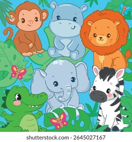Hand Drawn Jungle Animals Vector Cute Zebra, Elephant, Hippo, Lion, Crocodile and Monkey Illustration with Tropical Leaves