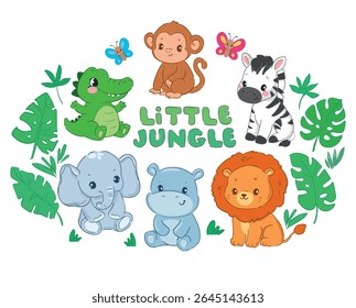 Hand Drawn Jungle Animals Vector Cute Zebra, Elephant, Hippo, Lion, Crocodile and Monkey Illustration with Tropical Leaves