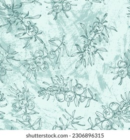 Hand drawn juniper seamless pattern. Juniper berries with leaves on shabby background. Original simple flat illustration. Shabby style.