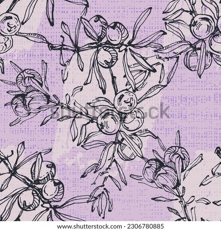 Hand drawn juniper seamless pattern. Juniper berries with leaves on shabby background. Original simple flat illustration. Shabby style.